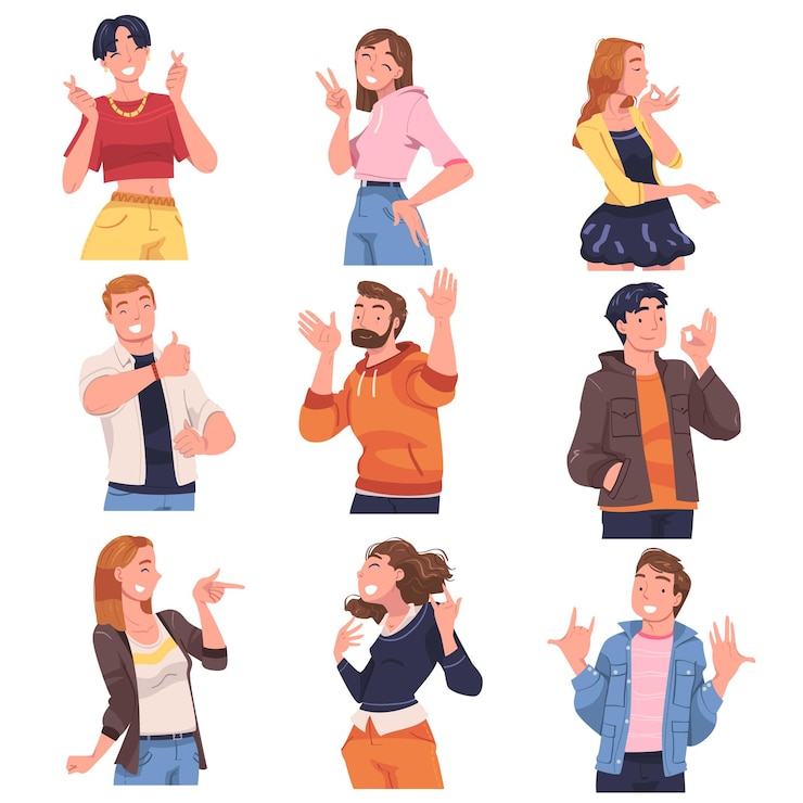 Vector mensen karakter met positieve gebaren zoals duim omhoog en ok symbol vector illustratie set