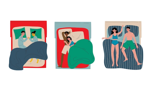 Mensen Karakter Slaap's nachts Liggend op een tweepersoonsbed op een kussenbedekking met een deken Vector illustratie set