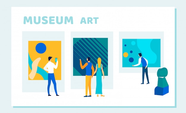 Mensen kijken naar creatieve museumkunst, kunstwerken