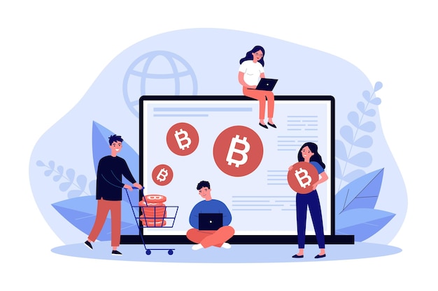Mensen kopen bitcoin op computer. Man en vrouw die online handelen op de beurs op laptop. Investering in cryptovaluta. Crypto munt, digitale valuta concept. Platte vectorillustratie.