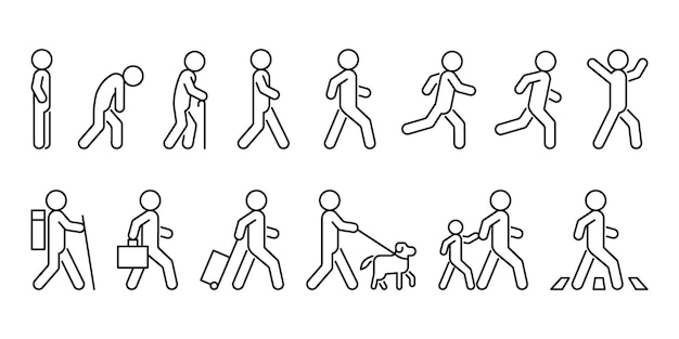 Mensen lopen en rennen lijnpictogram in verschillende houdingen zijaanzicht. Persoon verschillende actie poses set