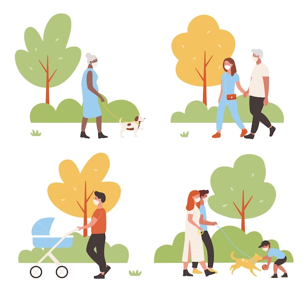 Mensen lopen in stadspark vector illustratie set. Actieve familie stripfiguren lopen samen