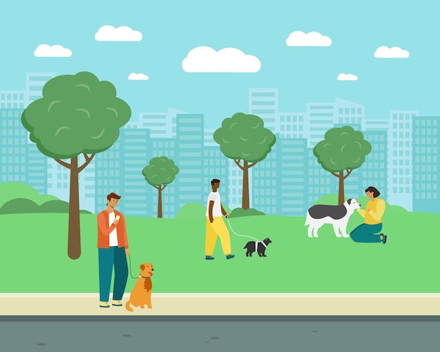 Mensen lopen met honden in het park.