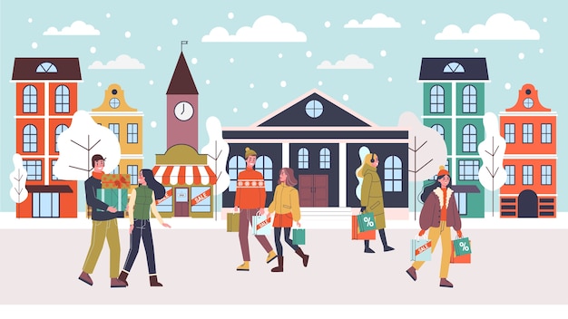 Mensen lopen op straat met boodschappentas. Kerst verkoop tijd. Wintervakantie, korting in de winkel. illustratie in stijl