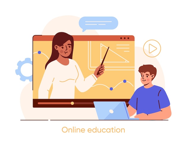 Mensen met digitaal onderwijsconcept Online leren en trainen Man met laptop kijken lezing Student en docent op internet Poster of banner Cartoon platte vectorillustratie