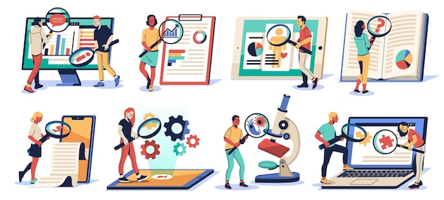 Mensen met een vergrootglas Cartoon personages bekeken door middel van loupes documenten mechanismen en bacteriën grondig onderzoek mannen en vrouwen zoeken informatie op het internet netjes vector set