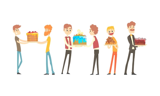 Vector mensen met feestelijke cakes set mannen en vrouwen die zoete desserts dragen voor verjaardag bruiloft feest viering vector illustratie