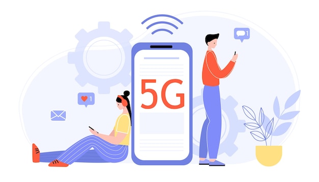 Vector mensen met gadgets gebruiken supersnel internet. 5g draadloos netwerkconcept. flat cartoon stijl.