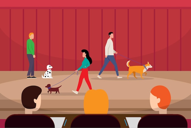 Vector mensen met honden in een wedstrijd voor huisdieren