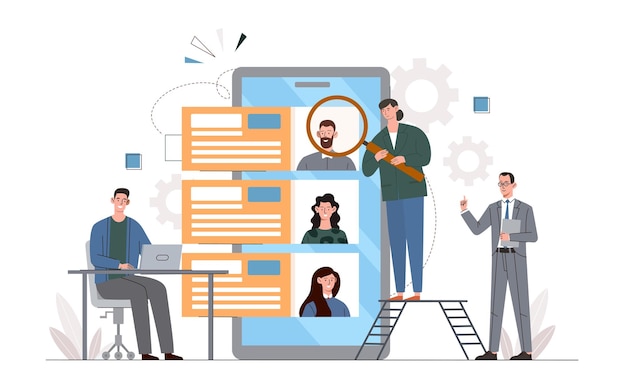 Mensen met kandidatenzoekwerk Mannen en vrouwen met een vergrootglas evalueren jobkandidaten HR-managers Headhunting en rekrutering Platte vectorillustratie