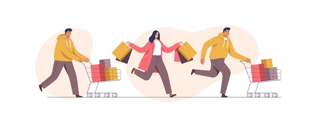 Mensen met karren vol aankopen en geschenken Seizoensverkoop Kortingsbon Vectorillustratie