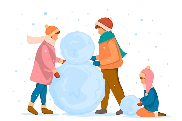 Mensen met kinderen beeldhouwen een sneeuwpop grote sneeuwballen concept van winterplezier vectorillustratie