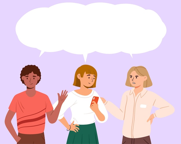 Mensen met lege tekstballon concept Man en vrouw bespreken en communiceren Communicatie en interactie Dialoog en discussie tussen vrienden Cartoon platte vectorillustratie