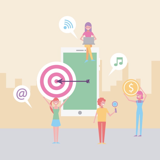 mensen met mobiele laptop sociale media iconen