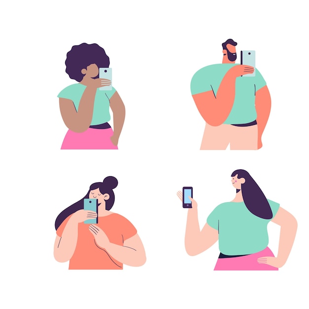 Mensen met mobiele telefoon in de hand platte vectorillustratie