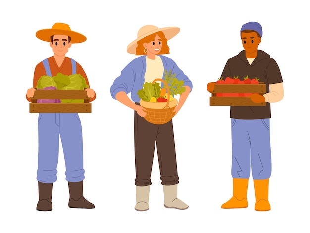 Mensen met oogst platte vector illustratie set Cartoon boerenarbeiders met oogst gewas
