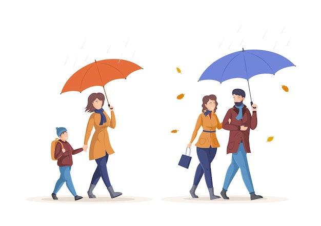 Mensen met paraplu's die in de herfst onder de regen lopen