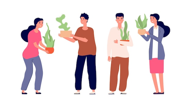 Mensen met planten. Tuinieren en planten. Mannen en vrouwen met bloem in potten, huistuin illustratie. Kamerplant tuinieren, botanische bloempot, groen groeien