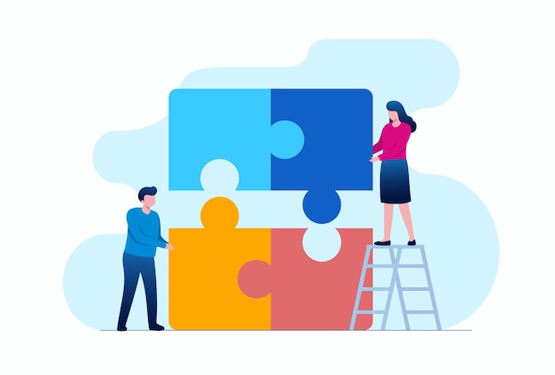 Mensen met puzzel die teamwerk zakelijke platte vectorillustratiebanner en bestemmingspagina vertegenwoordigen