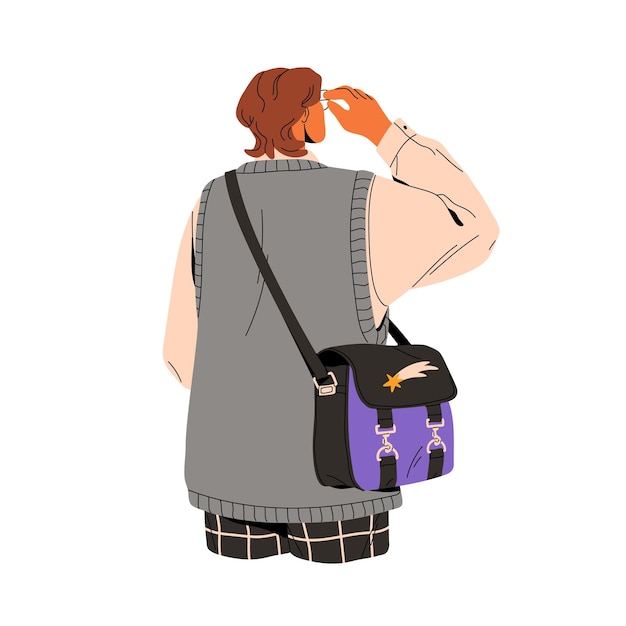 Mensen met schouder cross body tas achteraanzicht lopen Student in casual kleding past bril aan opzoeken Man met bril staande Flat geïsoleerde vectorillustratie op witte achtergrond