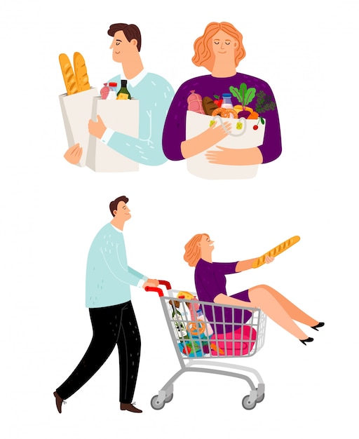 Mensen met winkelwagentje, man en vrouw