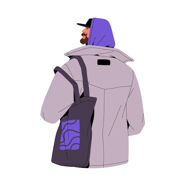 Vector mensen met zak shopper trendy man met baard draagt pet cap hood tote pack stedelijke stijl persoon loopt op straat van de stad om te winkelen achteruitzicht platte geïsoleerde vector illustratie op witte achtergrond