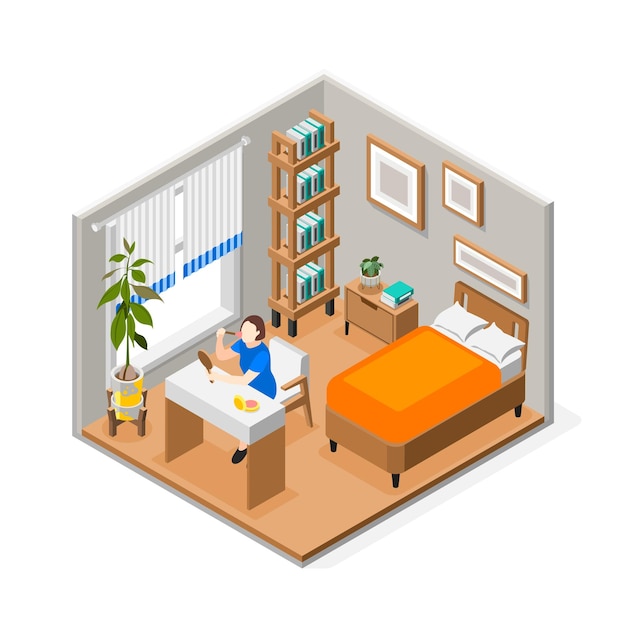 Mensen ochtend routine isometrische compositie met vrouw op make-up in haar kamer vectorillustratie