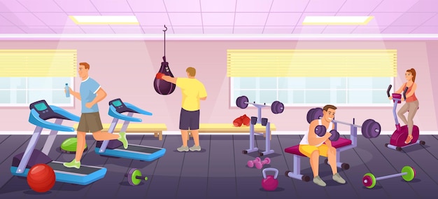 Mensen oefenen in sportgymnastiek, trainen met fitnessapparatuur. cartoon trainingsclub interieur met mannen en vrouwen die aan het trainen zijn vectorillustratie