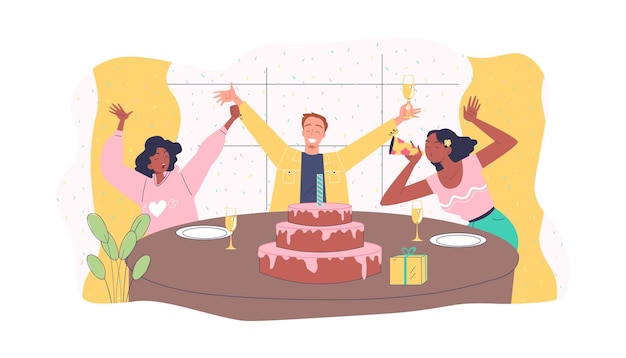 Mensen op een verjaardagsfeest man en vrouw zitten naast tafel met taart en kaarsen dessert en delicatesse