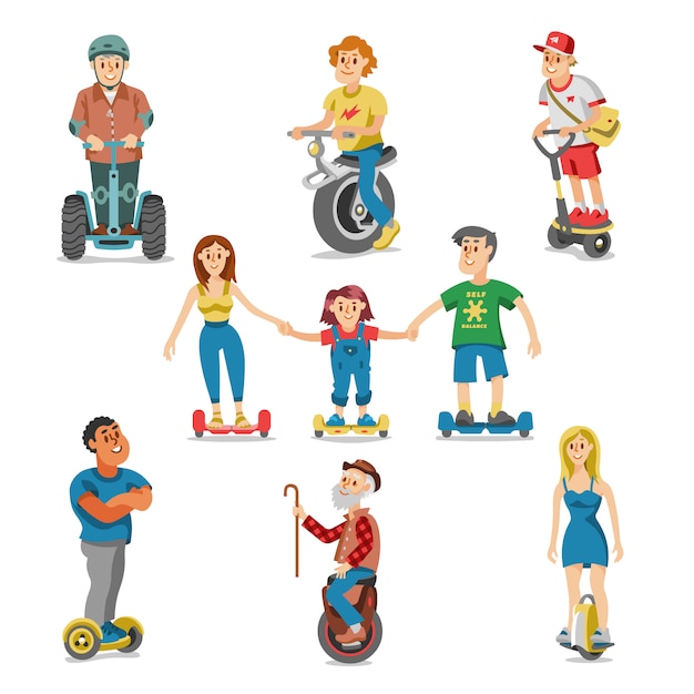 Mensen op elektrisch vervoer hoverboard segway set karakters rijden op gyroscooter en man balanceren op elektrische monowheel of eco balans illustratie geïsoleerd op een witte achtergrond