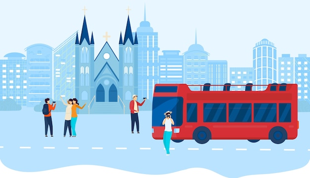 Mensen op stad reizen bus tour illustratie.