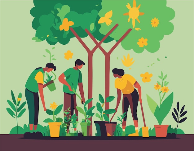 Mensen planten bomen en bloemen voor de Wereldmilieudag