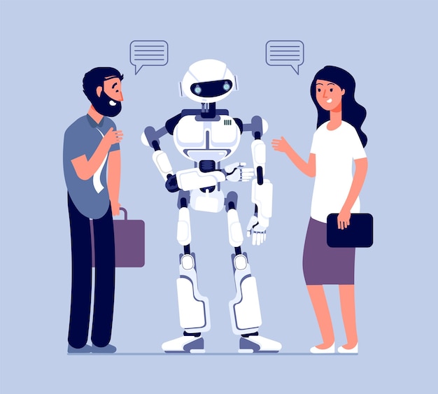 Mensen praten met robot. Technologie die klant helpt, zakelijke hulpondersteuning. Chatbotboodschapper, man vrouw dialoog met bot vector concept. Illustratie robot en persoon communicatie illustratie
