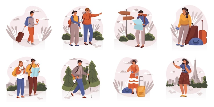 Vector mensen reizen webconcept in platte ontwerp mannen en vrouwen met bagage en rugzakken gaan op vakantie...