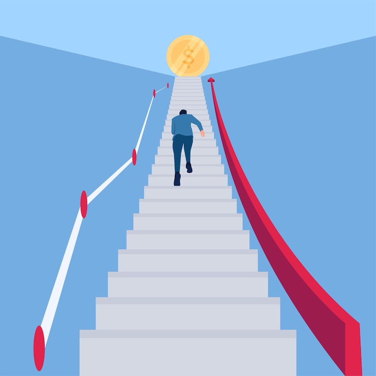 Mensen rennen de trap op naar gouden munten aan de top van het bedrijfsleven, een metafoor van de weg naar zakelijk succes