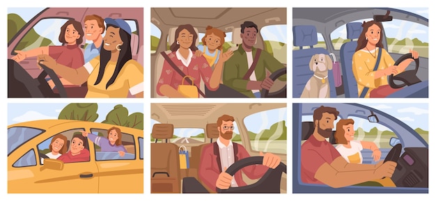 Mensen rijden auto vrienden familie-uitstapje met hond