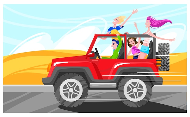 Mensen rijden auto weg rijden auto voertuig snelheid gelukkige jonge mensen weg ontwerp cartoon stijl