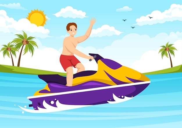 Mensen rijden jetski illustratie zomervakantie recreatie en strandactiviteit in de hand getekend