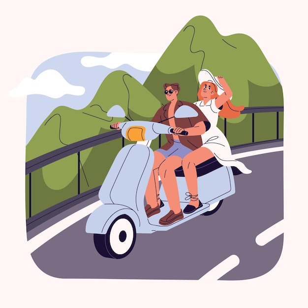 Mensen rijden motorfiets op kronkelige berg curve weg Paar rijden op scooter Man en vrouw reizen op motor Zomervakantie reizen huwelijksreis concept Vlakke geïsoleerde vectorillustratie