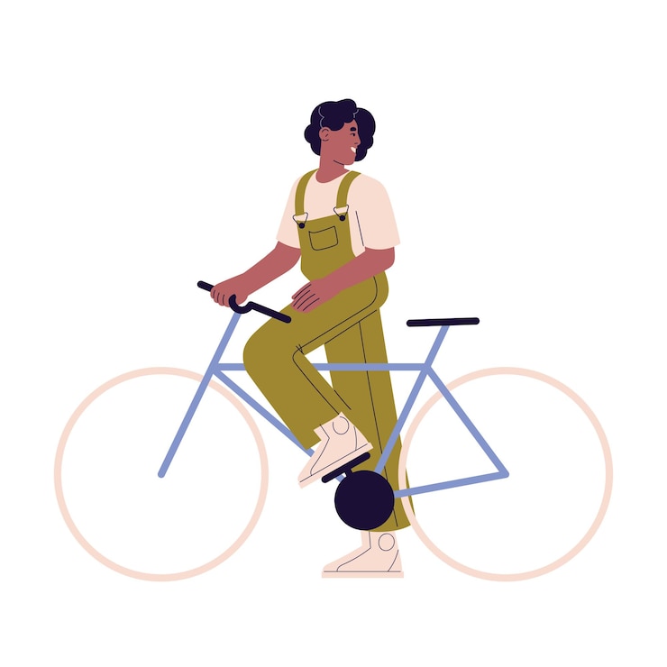 Vector mensen rijden op milieuvriendelijk vervoer vrouw in jumpsuit staande met fiets meisje houdt cyclus glimlach en terugkijkend persoon heeft actieve levensstijl platte geïsoleerde vectorillustratie op witte achtergrond