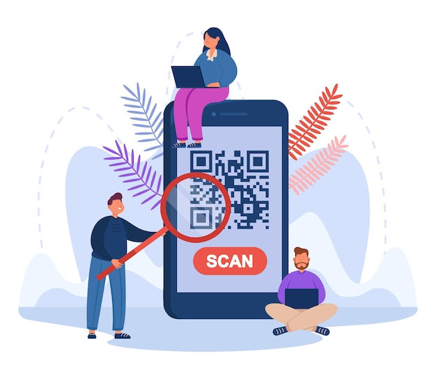 Mensen scannen qr-code met behulp van telefoon platte vectorillustratie. man kijkt naar smartphonescherm door vergrootglas, met behulp van qr-code voor online betalingen, aankopen. technologie concept