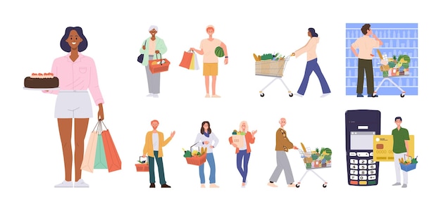 Vector mensen shoppen geïsoleerd set met mannelijke en vrouwelijke cartoon personages doen boodschappen lopen met product mandje zoete cakes betalen draadloze pos terminal door creditcard vector illustratie