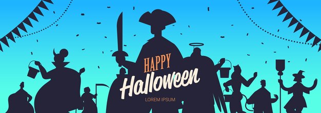 Mensen silhouetten in verschillende kostuums vieren happy halloween party concept belettering wenskaart portret horizontale kopie ruimte vectorillustratie