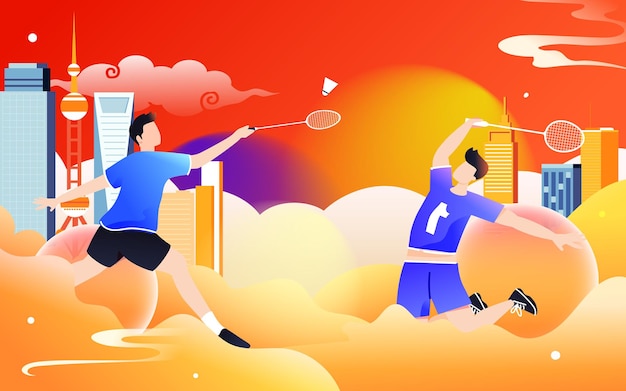 Mensen spelen badminton in een wedstrijd, mensen oefenen, vectorillustratie