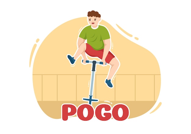 Mensen spelen met Sport Jump Pogo Stick Illustratie voor Landing Page in Outdoor Toy Hand Drawn