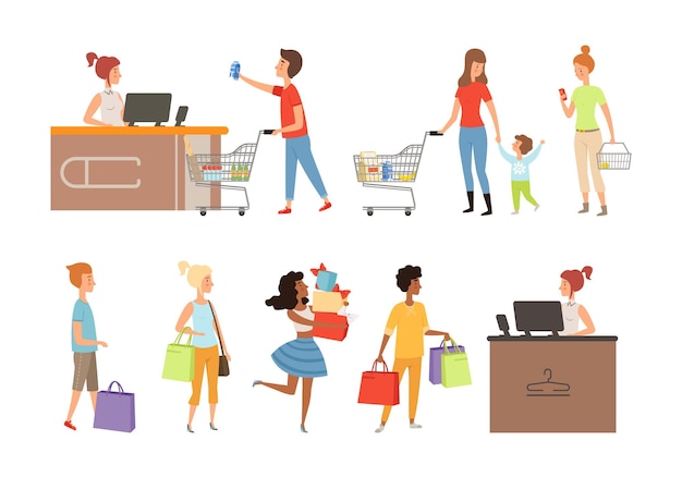 Mensen staan in de rij. Kruidenierswinkel klanten, kleding winkel of winkelcentrum shoppers vector illustratie. Wachtrij klant naar supermarkt of winkel, kassier en koper