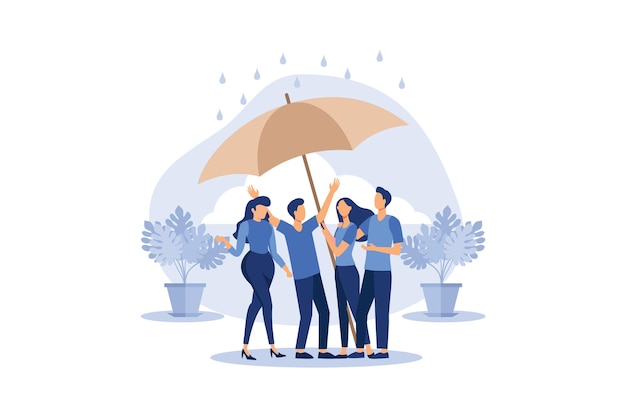 mensen staan onder paraplu onder bescherming vector platte moderne ontwerp illustratie