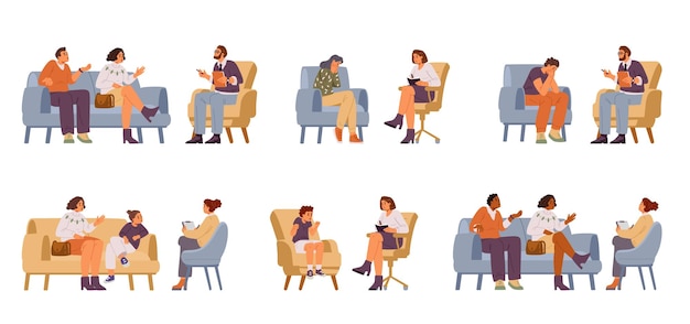 Mensen tijdens psychologische therapie sessies set