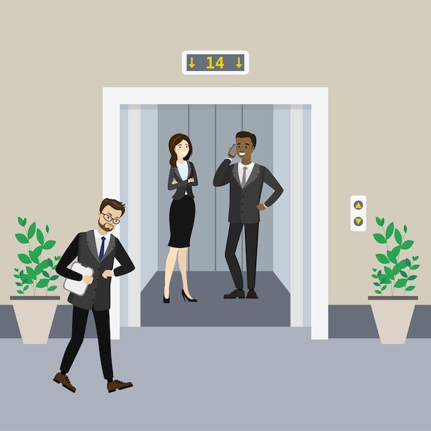 Mensen uit het bedrijfsleven cartoon in de lift en in de buurt en lift met open deuren platte vectorillustratie