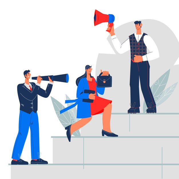 Mensen uit het bedrijfsleven gericht op carrièreladder platte vectorillustratie geïsoleerd op een witte achtergrond Kansen voor loopbaangroei en bedrijfsontwikkeling om doelen en professionele implementatie te bereiken